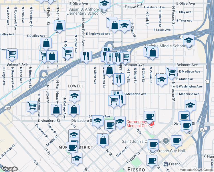 map of restaurants, bars, coffee shops, grocery stores, and more near 392 North Calaveras Street in Fresno