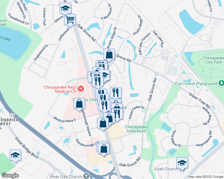 map of restaurants, bars, coffee shops, grocery stores, and more near 729 Ridge Circle in Chesapeake