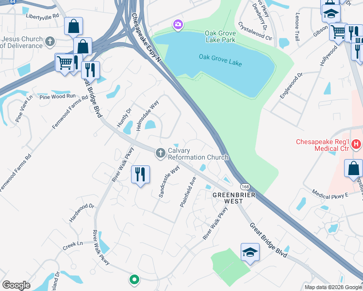 map of restaurants, bars, coffee shops, grocery stores, and more near 706 Nesting Place in Chesapeake