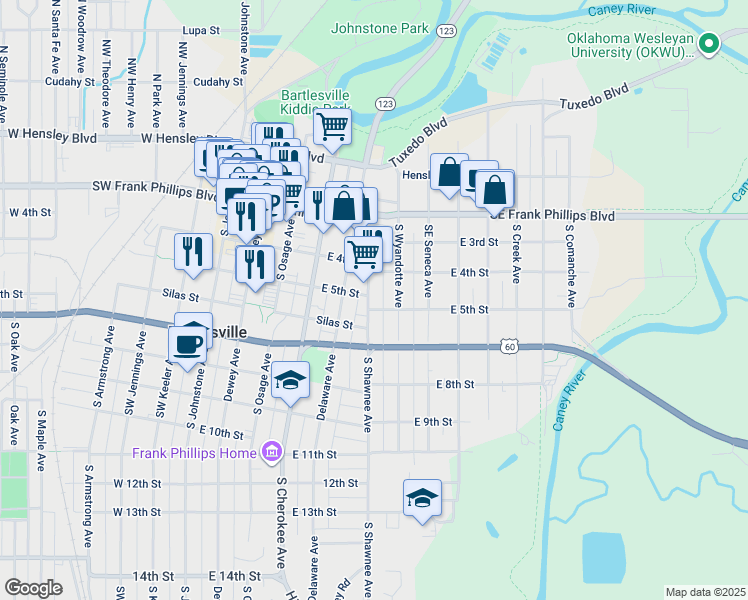 map of restaurants, bars, coffee shops, grocery stores, and more near 409 South Shawnee Avenue in Bartlesville