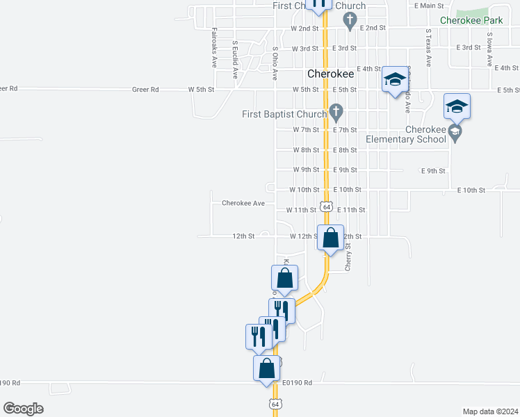 map of restaurants, bars, coffee shops, grocery stores, and more near 921 South Ohio Avenue in Cherokee