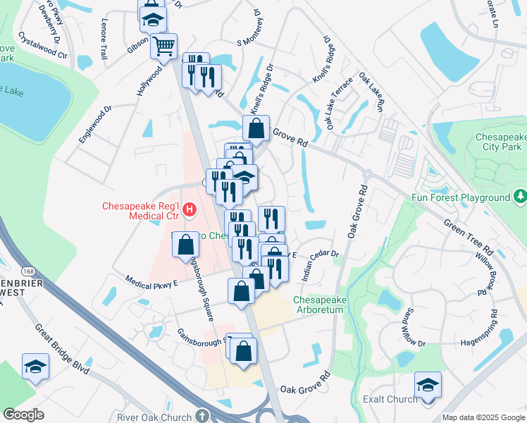 map of restaurants, bars, coffee shops, grocery stores, and more near 729 Ridge Circle in Chesapeake