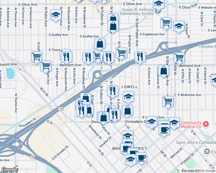 map of restaurants, bars, coffee shops, grocery stores, and more near 375 North Van Ness Avenue in Fresno