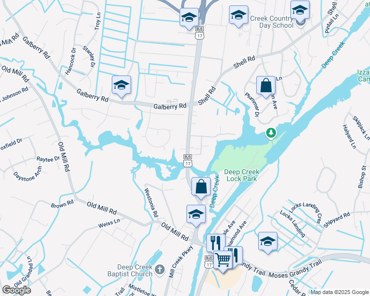 map of restaurants, bars, coffee shops, grocery stores, and more near 316 George Washington Highway North in Chesapeake