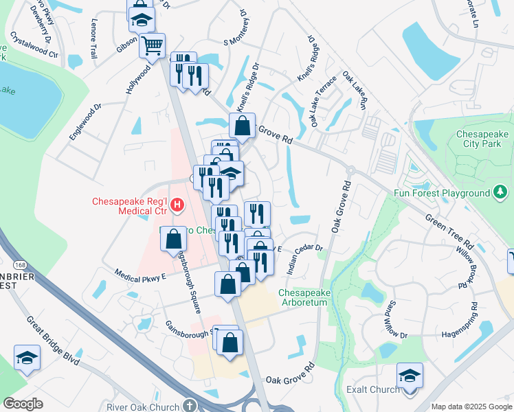map of restaurants, bars, coffee shops, grocery stores, and more near 614 Butterwick Court in Chesapeake