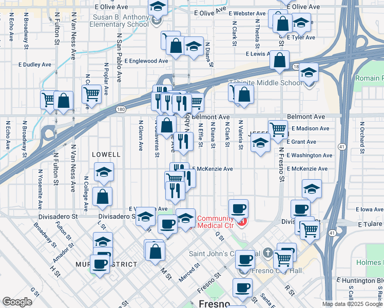 map of restaurants, bars, coffee shops, grocery stores, and more near in Fresno