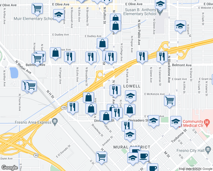 map of restaurants, bars, coffee shops, grocery stores, and more near 330 North Fulton Street in Fresno