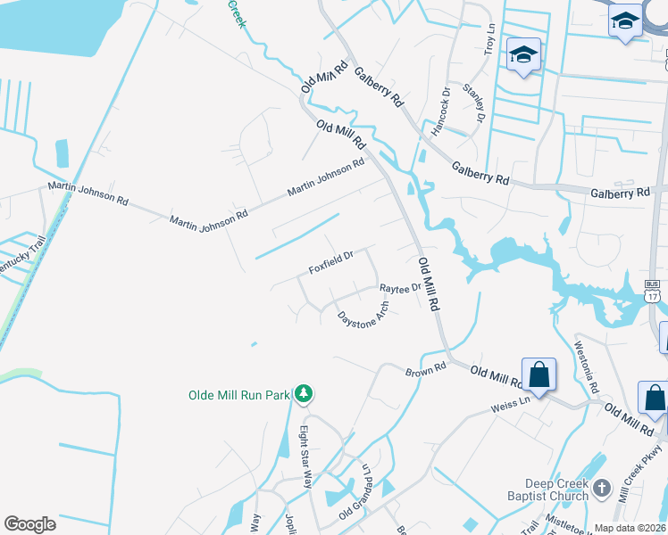 map of restaurants, bars, coffee shops, grocery stores, and more near 3429 Foxfield Drive in Chesapeake