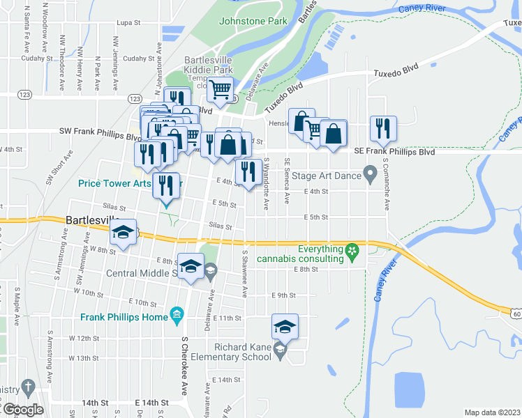 map of restaurants, bars, coffee shops, grocery stores, and more near 421 South Wyandotte Avenue in Bartlesville