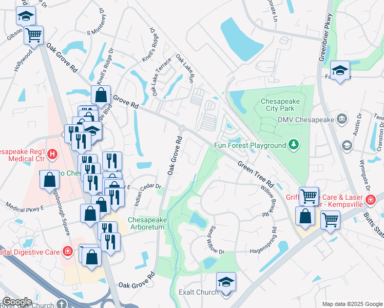 map of restaurants, bars, coffee shops, grocery stores, and more near 749 Green Tree Circle in Chesapeake