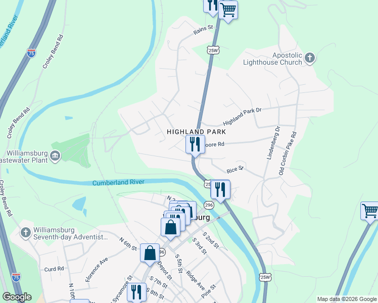 map of restaurants, bars, coffee shops, grocery stores, and more near 34 Cemetery Road in Williamsburg
