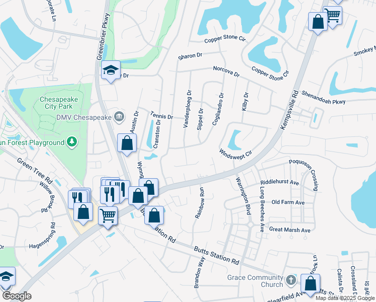 map of restaurants, bars, coffee shops, grocery stores, and more near 913 Cogliandro Drive in Chesapeake