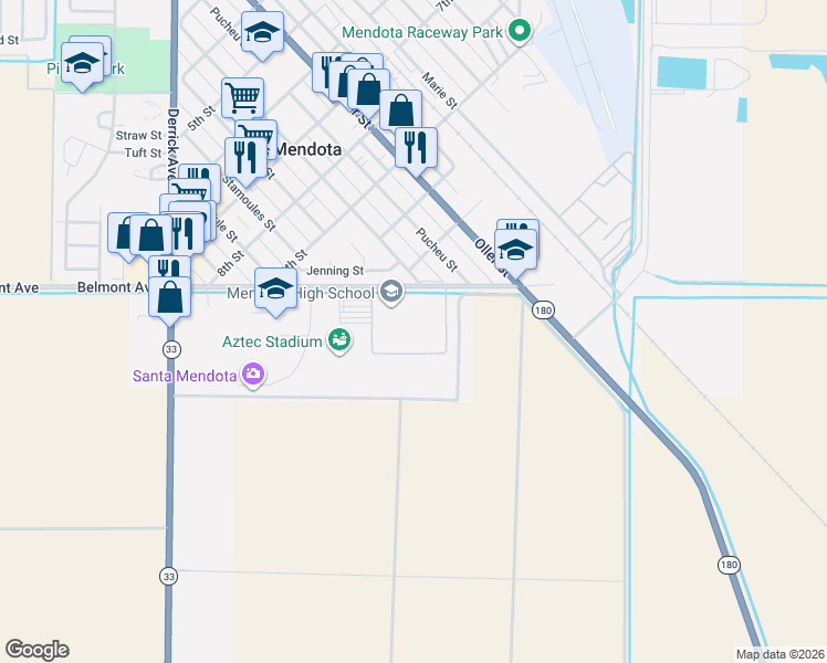 map of restaurants, bars, coffee shops, grocery stores, and more near Belmont Avenue in Mendota