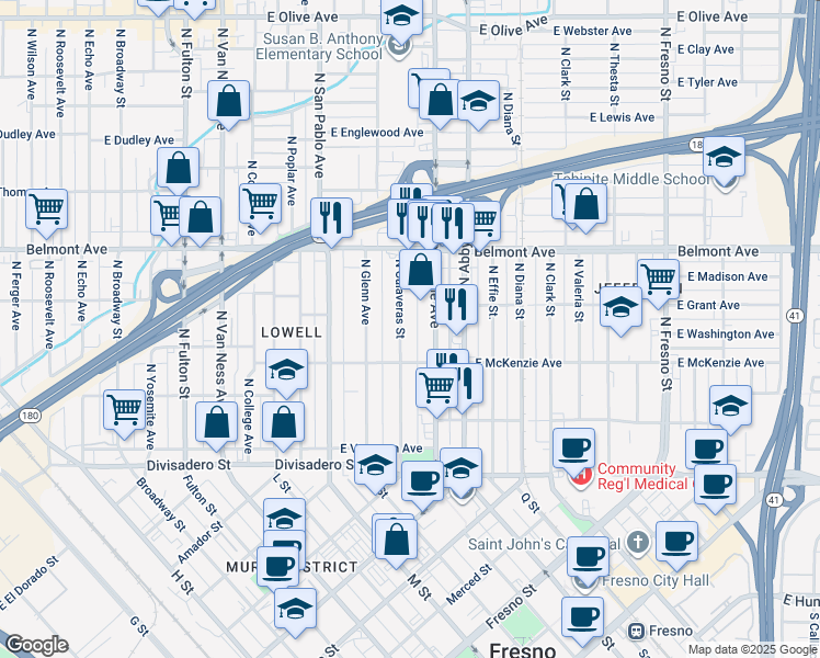 map of restaurants, bars, coffee shops, grocery stores, and more near 360 North Calaveras Street in Fresno