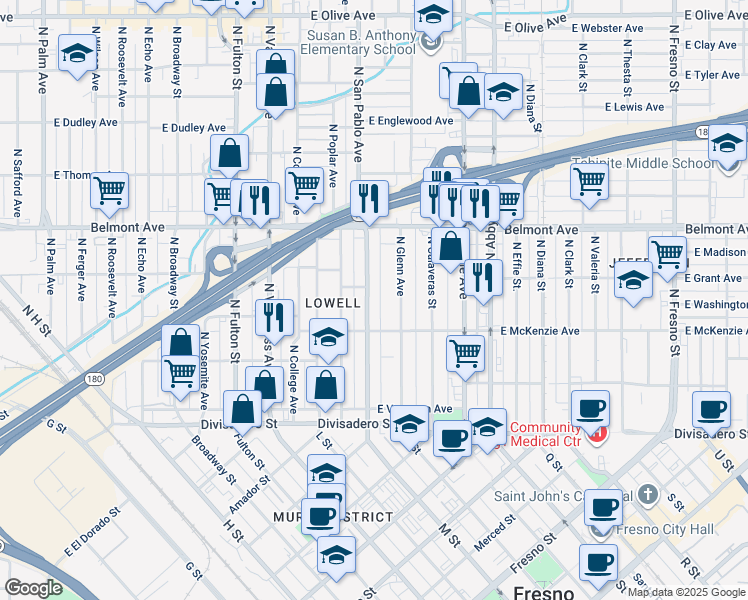 map of restaurants, bars, coffee shops, grocery stores, and more near 394 North San Pablo Avenue in Fresno