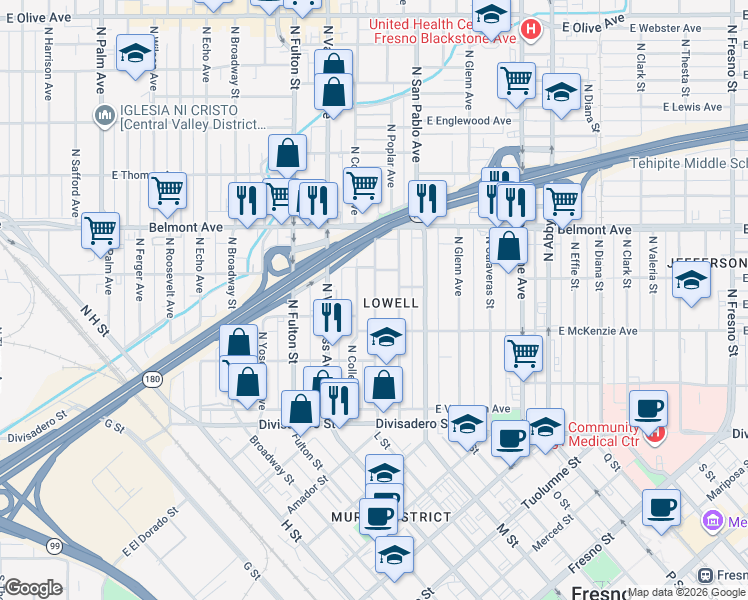 map of restaurants, bars, coffee shops, grocery stores, and more near 368 North College Avenue in Fresno