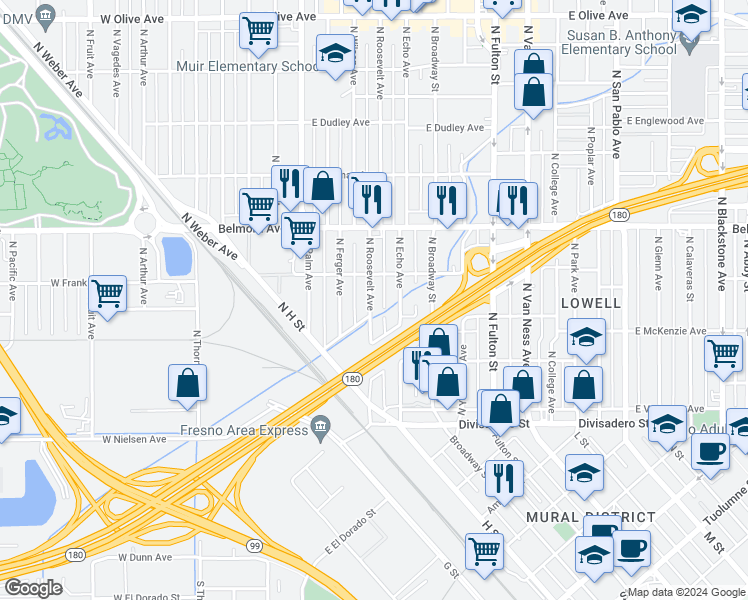 map of restaurants, bars, coffee shops, grocery stores, and more near 512 East Franklin Avenue in Fresno