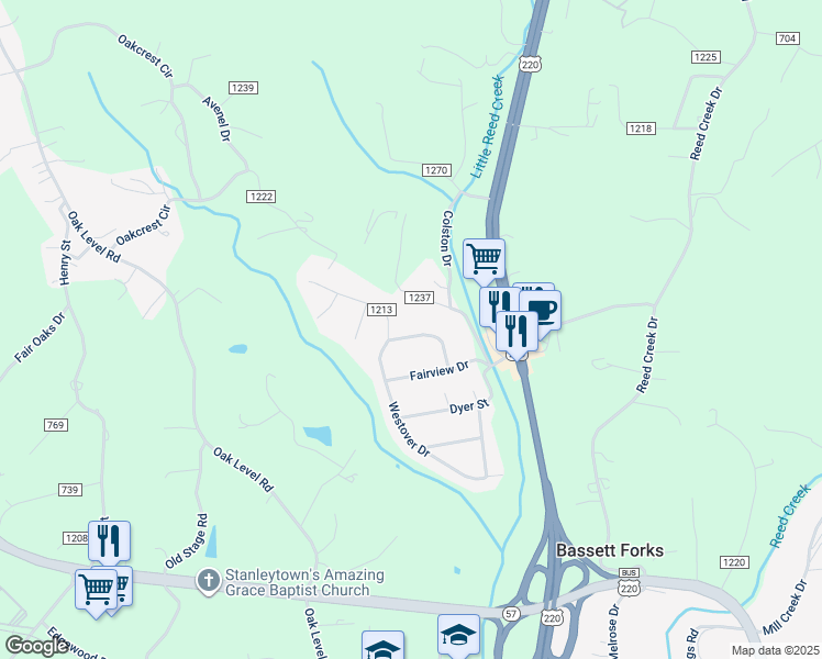 map of restaurants, bars, coffee shops, grocery stores, and more near 130 Northview Circle in Bassett