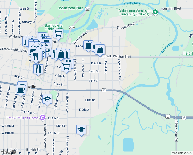 map of restaurants, bars, coffee shops, grocery stores, and more near 400 South Choctaw Avenue in Bartlesville