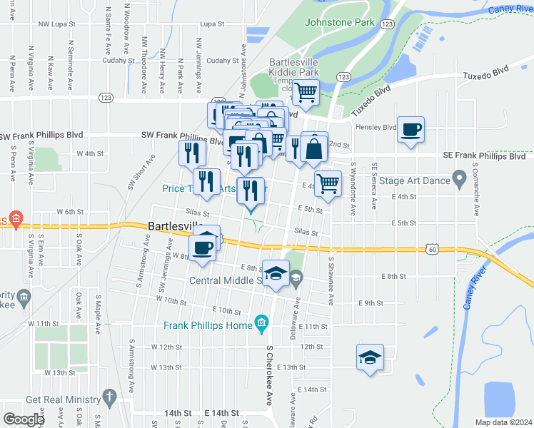 map of restaurants, bars, coffee shops, grocery stores, and more near 500 Dewey Avenue in Bartlesville