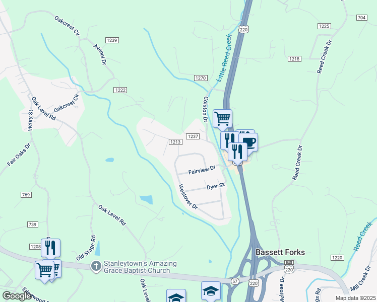 map of restaurants, bars, coffee shops, grocery stores, and more near 130 Northview Circle in Bassett