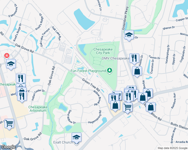 map of restaurants, bars, coffee shops, grocery stores, and more near 513 Sweet Leaf Place in Chesapeake