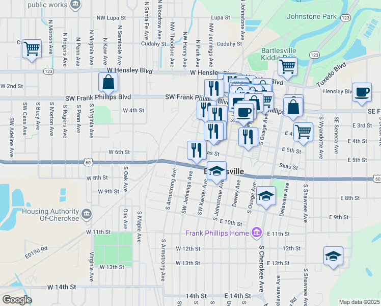map of restaurants, bars, coffee shops, grocery stores, and more near in Bartlesville