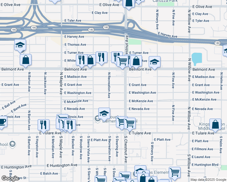 map of restaurants, bars, coffee shops, grocery stores, and more near 4763 East Washington Avenue in Fresno