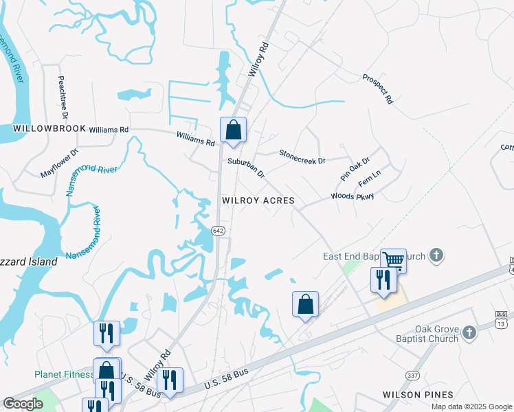 map of restaurants, bars, coffee shops, grocery stores, and more near 311 Bruce Street in Suffolk