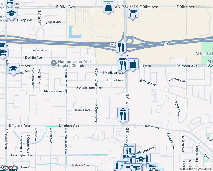 map of restaurants, bars, coffee shops, grocery stores, and more near 5534 East Grant Avenue in Fresno