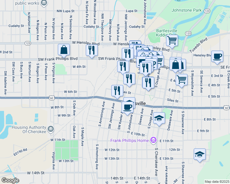 map of restaurants, bars, coffee shops, grocery stores, and more near in Bartlesville