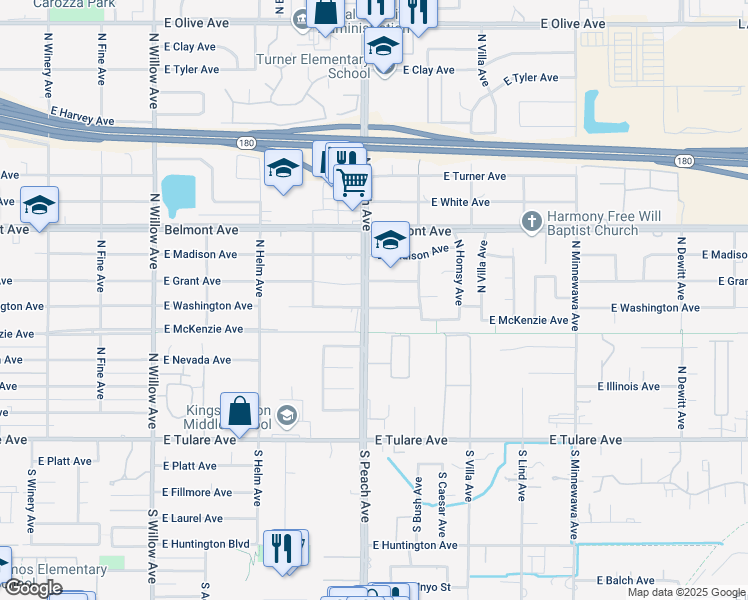 map of restaurants, bars, coffee shops, grocery stores, and more near 5204 East Grant Avenue in Fresno