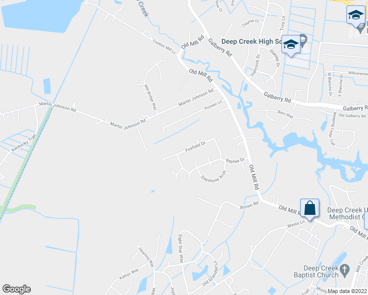 map of restaurants, bars, coffee shops, grocery stores, and more near 3440 Foxfield Drive in Chesapeake