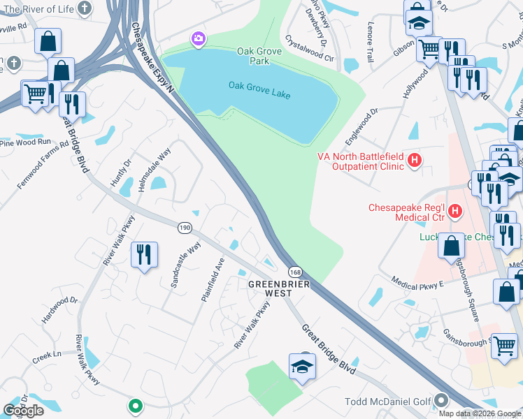map of restaurants, bars, coffee shops, grocery stores, and more near Oak Grove Connector in Chesapeake