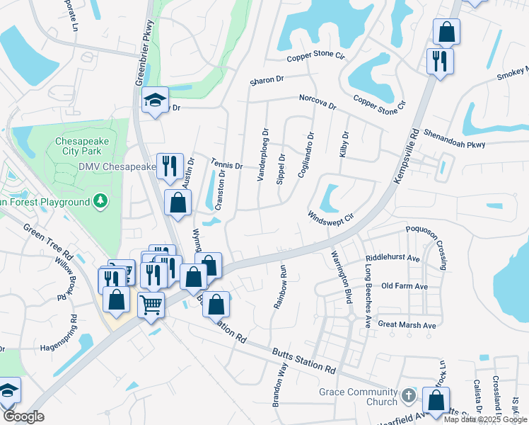 map of restaurants, bars, coffee shops, grocery stores, and more near 913 Cogliandro Drive in Chesapeake