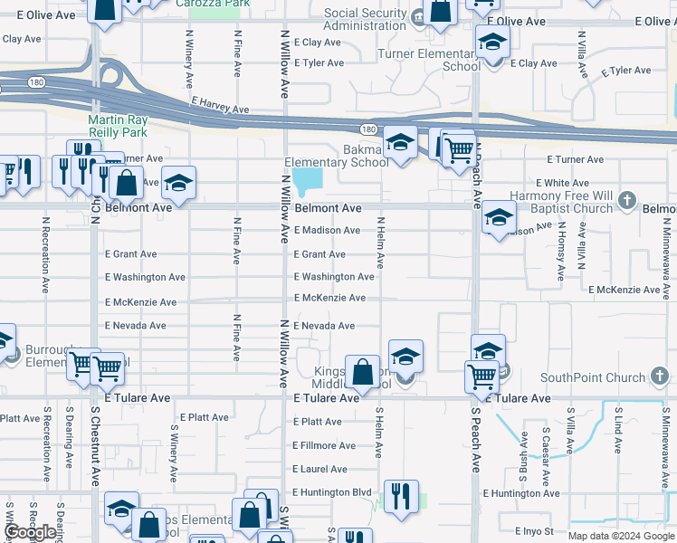 map of restaurants, bars, coffee shops, grocery stores, and more near 5057 East Washington Avenue in Fresno