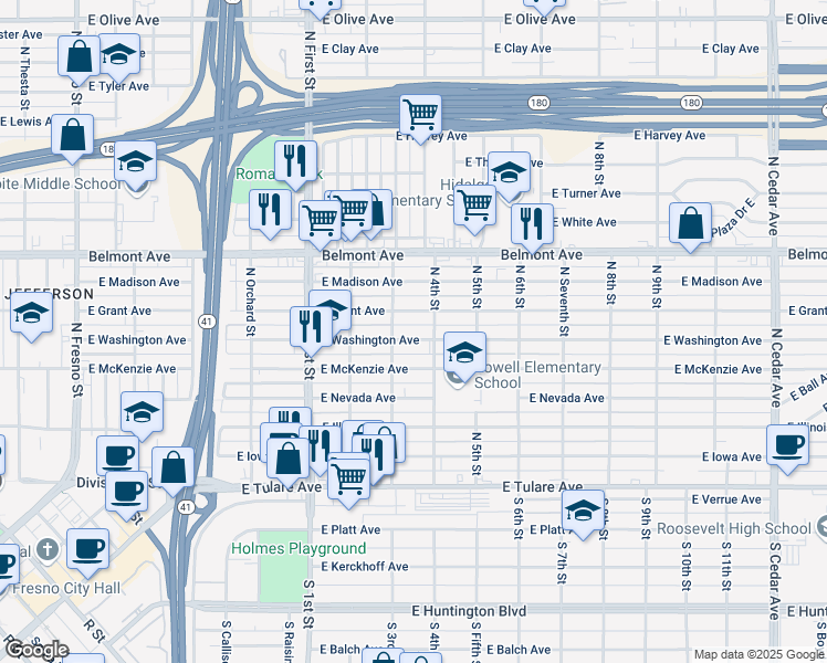 map of restaurants, bars, coffee shops, grocery stores, and more near 3325 East Washington Avenue in Fresno