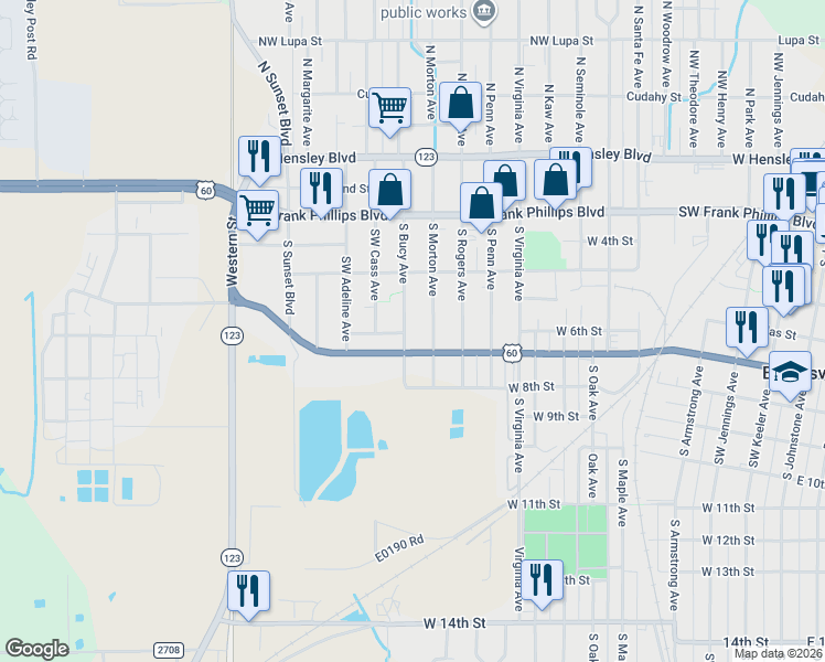 map of restaurants, bars, coffee shops, grocery stores, and more near 514 South Bucy Avenue in Bartlesville