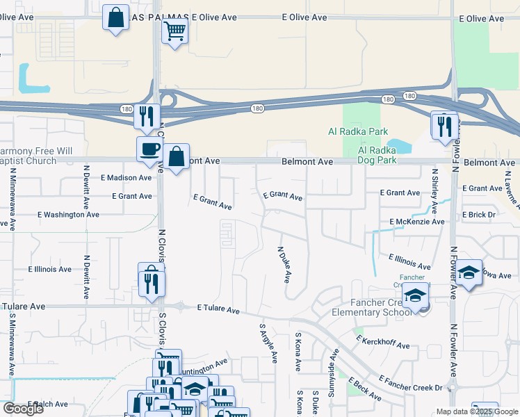map of restaurants, bars, coffee shops, grocery stores, and more near 391 North Manila Avenue in Fresno