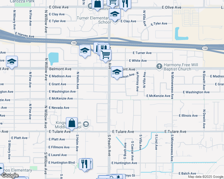map of restaurants, bars, coffee shops, grocery stores, and more near 5204 East Grant Avenue in Fresno