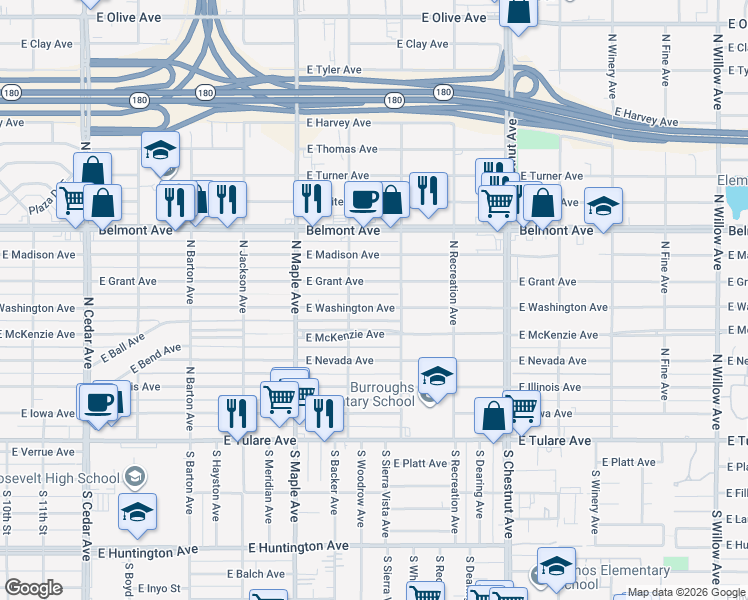 map of restaurants, bars, coffee shops, grocery stores, and more near 4676 East Grant Avenue in Fresno