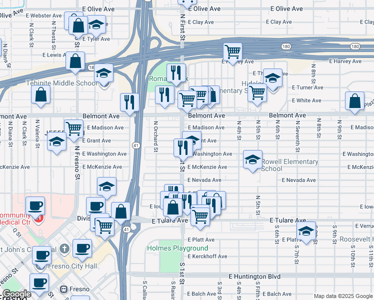 map of restaurants, bars, coffee shops, grocery stores, and more near 388 North First Street in Fresno