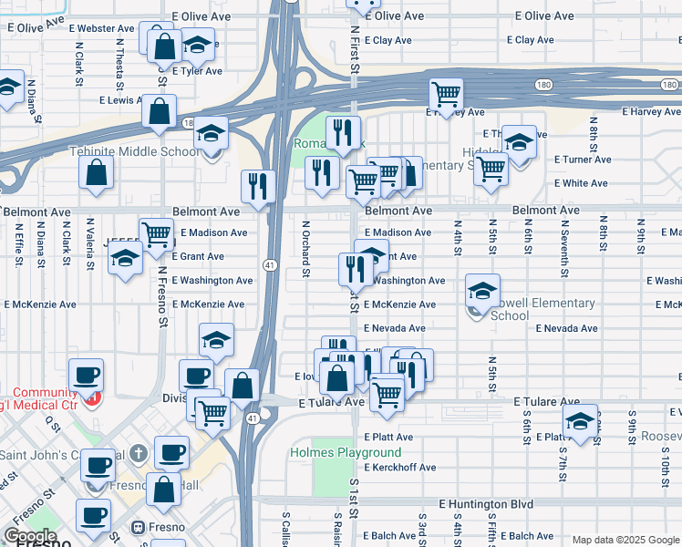 map of restaurants, bars, coffee shops, grocery stores, and more near 3050 East Grant Avenue in Fresno