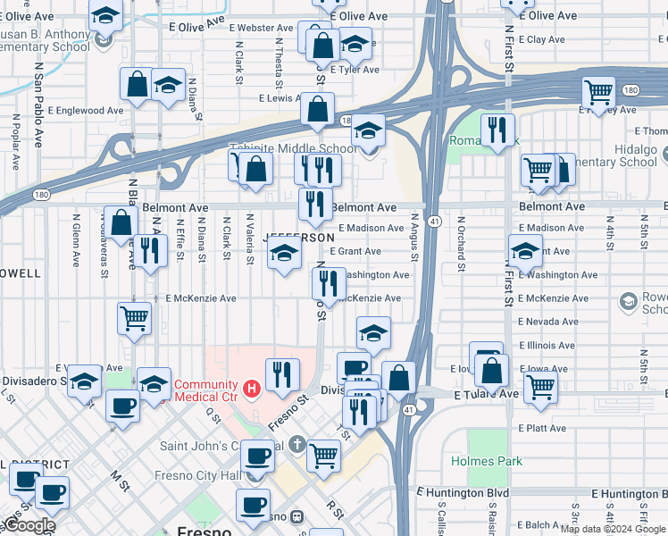map of restaurants, bars, coffee shops, grocery stores, and more near 2522 East Grant Avenue in Fresno