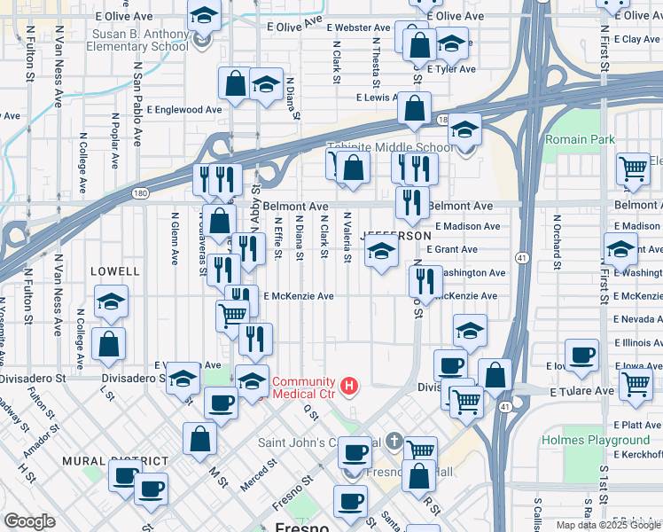 map of restaurants, bars, coffee shops, grocery stores, and more near 387 North Valeria Street in Fresno