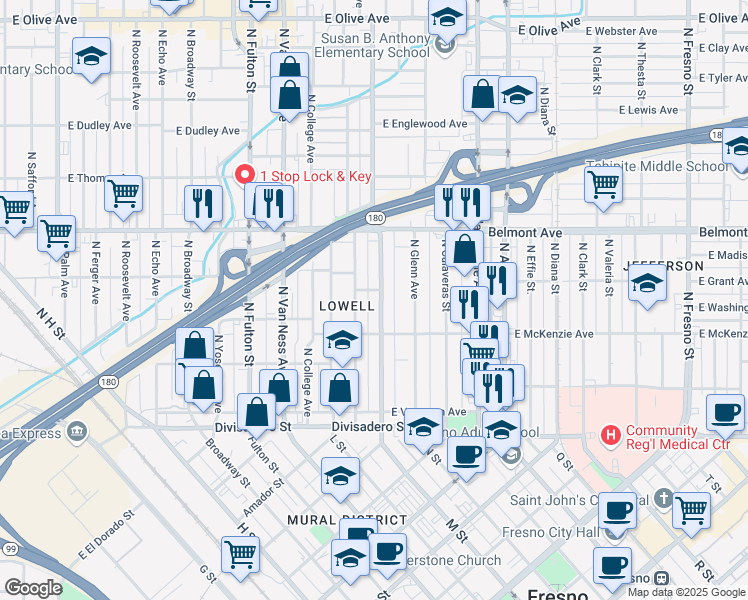 map of restaurants, bars, coffee shops, grocery stores, and more near 394 North San Pablo Avenue in Fresno