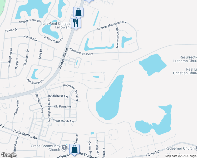 map of restaurants, bars, coffee shops, grocery stores, and more near 1415 Kemp Bridge Drive in Chesapeake