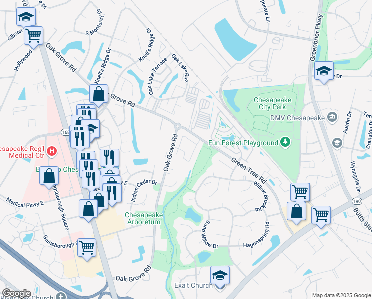 map of restaurants, bars, coffee shops, grocery stores, and more near 701 Green Tree Circle in Chesapeake
