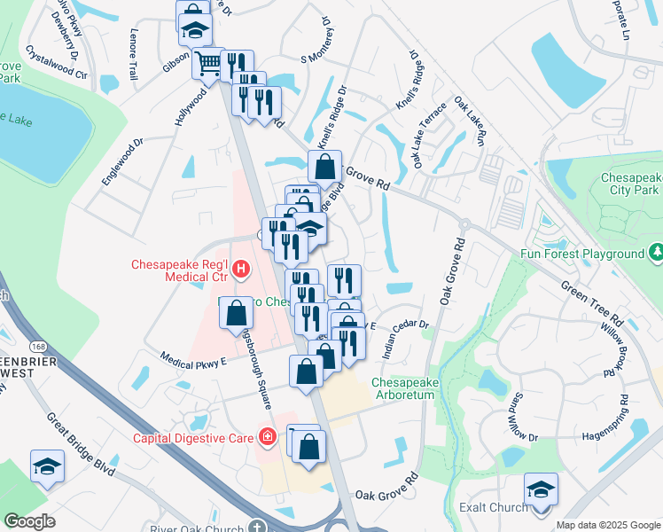 map of restaurants, bars, coffee shops, grocery stores, and more near 650 Ridge Circle in Chesapeake