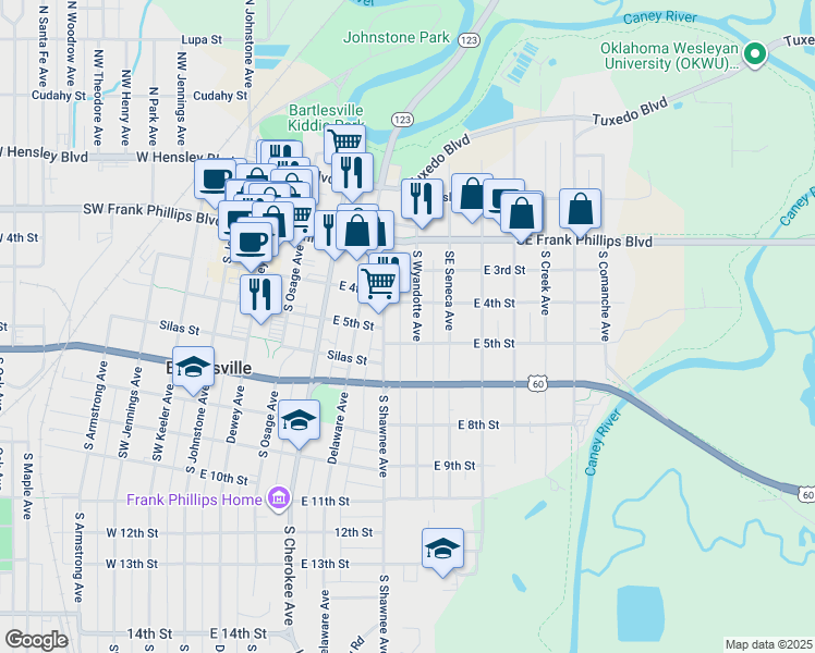 map of restaurants, bars, coffee shops, grocery stores, and more near 402 South Wyandotte Avenue in Bartlesville